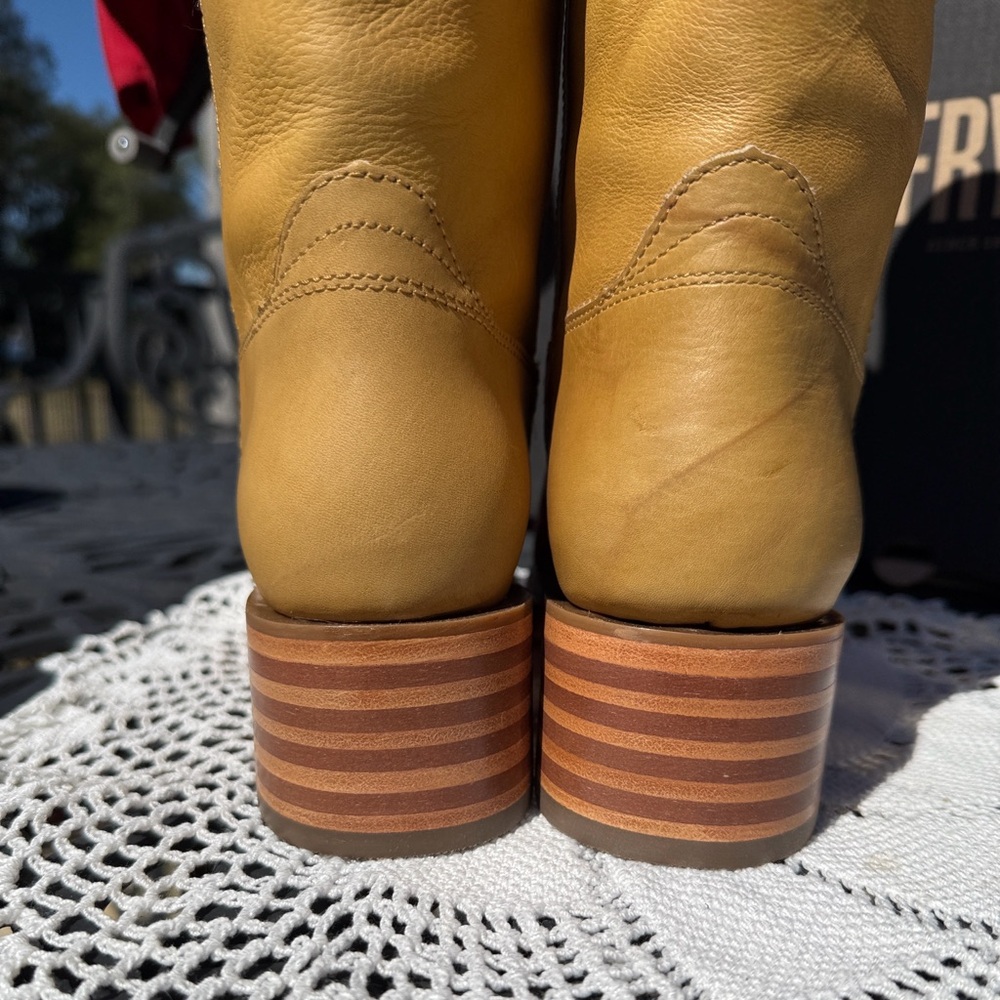 NIB! Retail $498 Frye Campus 14L Banana  Leather Tall Boots On current website. - Picture 8 of 10
